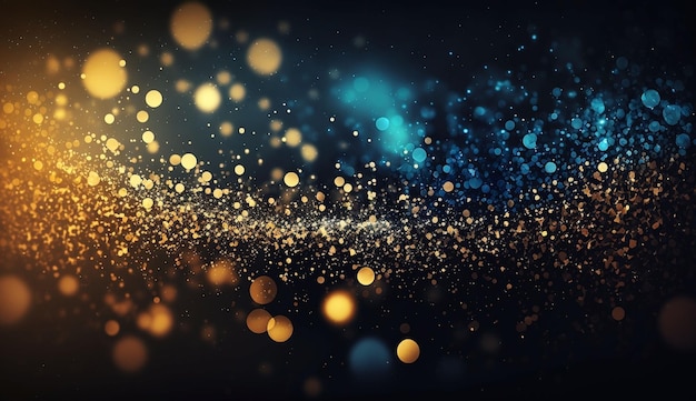 Background of abstract glitter lights blue gold and black de focused banner