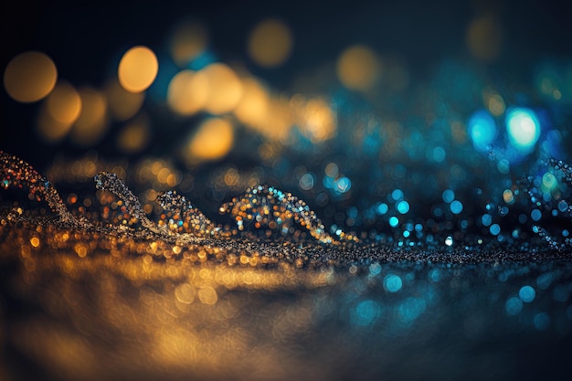 Background of abstract glitter lights blue gold and black de focused