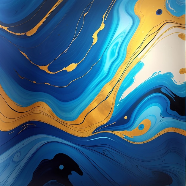 The background of the abstract painting is created with a blue marble and gold marble ink painting featuring intense colors