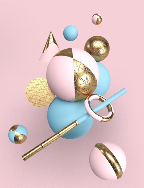 background abstract spheres and solids gold pink and blue 3d render wallpaper