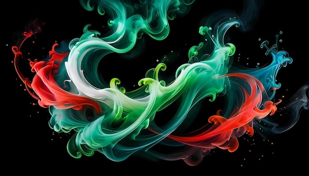 Photo background abstract swirling green red and white waves with smoke gradients on a dark balck