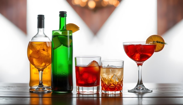 Background of alcohol drinks on table isolated with white highlights