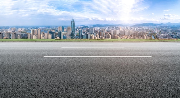 Background of asphalt pavement and urban architectural landscape skyline