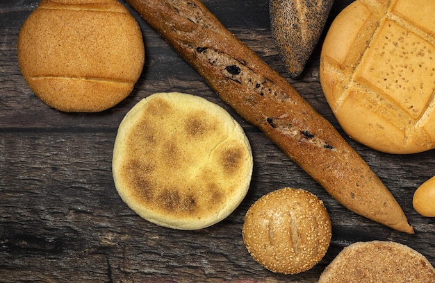 Background of assorted breads from above Bakery food Healthy food concept flat lay