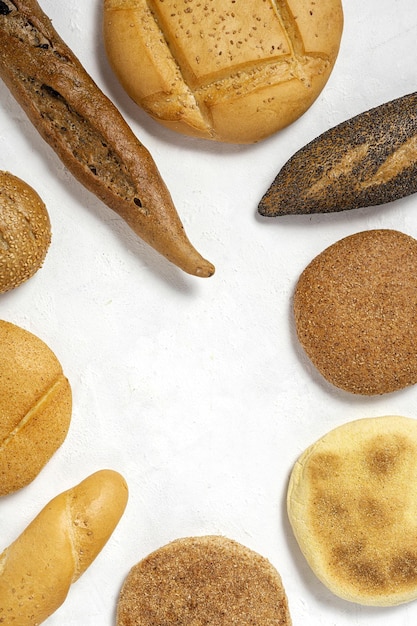 Background of assorted breads from above Bakery food Healthy food concept flat lay