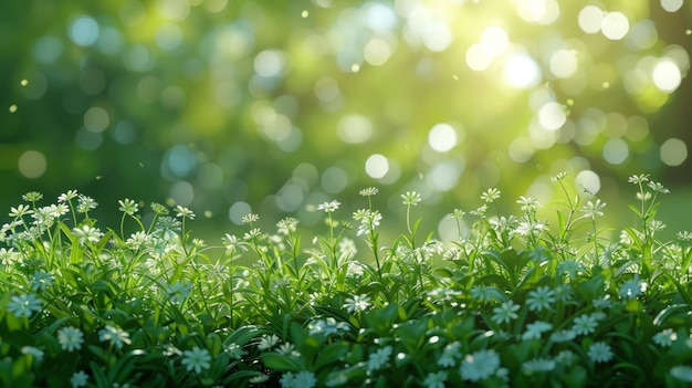 Background of autumn sunrise with abstract blur of soft green bokeh light meadows and blue sky