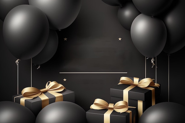 Background balloons and gifts black and gold color generated by ai