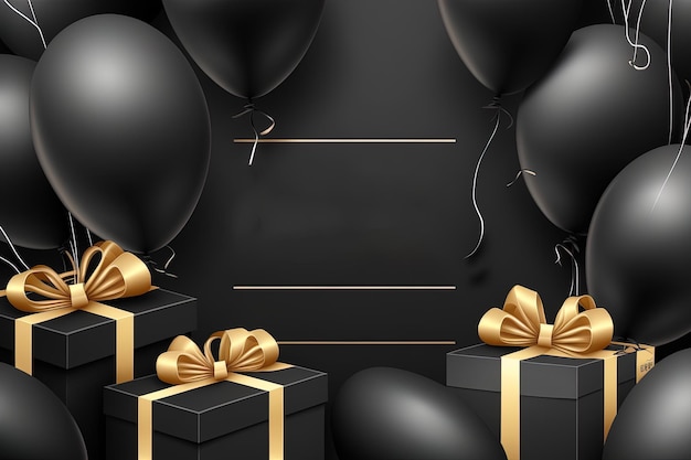 Background balloons and gifts black and gold color generated by ai