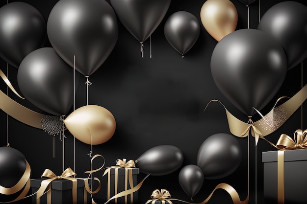 Background balloons and gifts black and gold color generated by ai