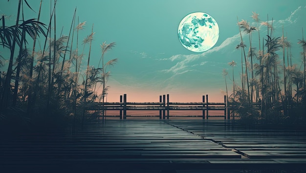 a background of bamboo bridge and moon in the style of minimal retouching