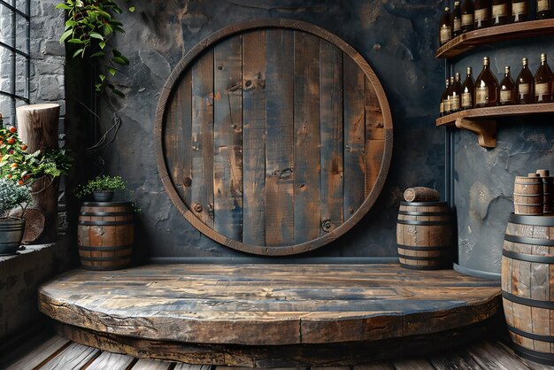 Photo background barrel and worn old table of wood