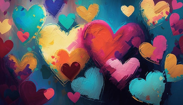 Background of beautiful colored hearts in oil painting mother's day Valentine's day