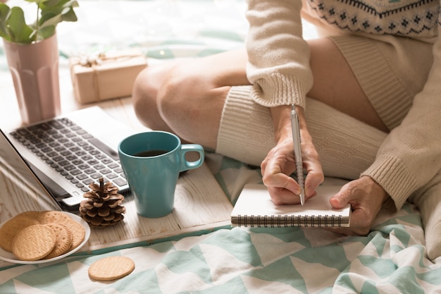 Background - beautiful cozy morning and and the girl is planning her day