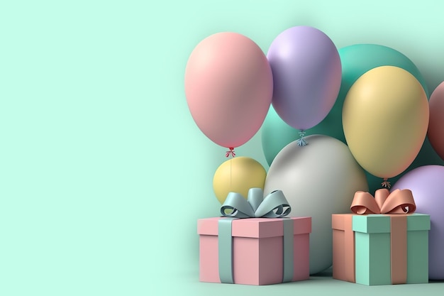 Background Birthday pastel rainbow balloons in mint Blackground Generative AI