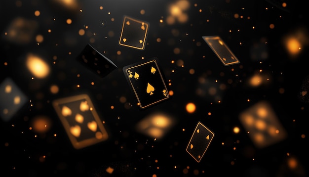 A background of black cards with golden symbols floating in the air against a dark background The