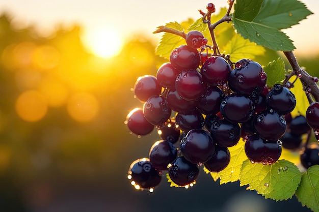 Background of black currant bunch lying on green leaves ai generative