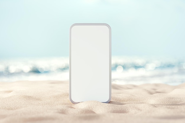 Background blank mobile phone on sand beach