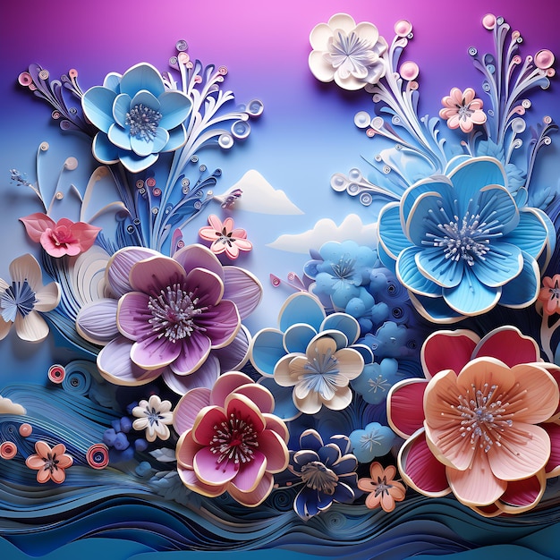 background blue clouds colorful flower 3d