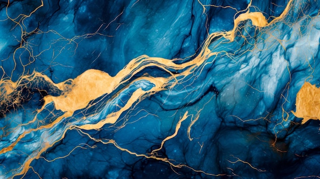 Background of blue liquid ink with golden veins