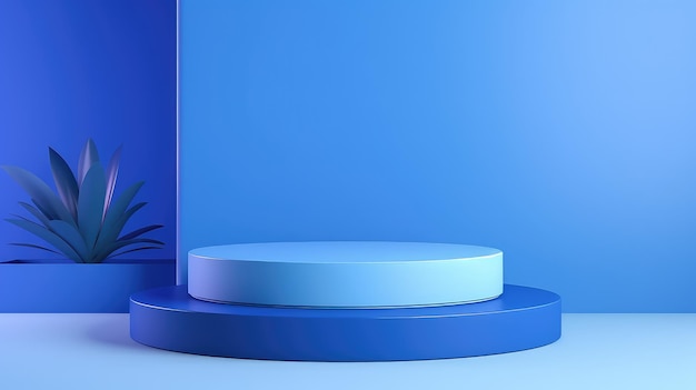 The background of the blue product display stand is simple