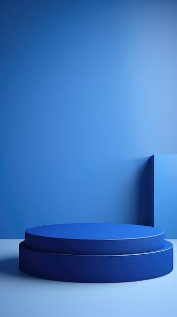 The background of the blue product display stand is simple