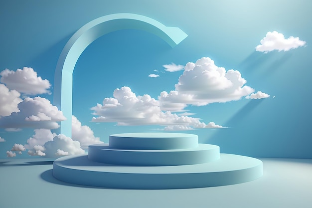 Background blue rendering with podium and minimal cloud scene minimal product display background rendered geometric shape sky cloud blue pastel