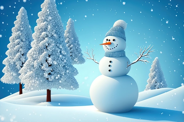 On a background of a blue sky a winter scene has a snowman and a christmas tree coated in snow