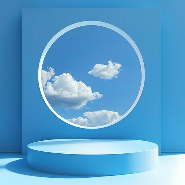 background blue with blue sky inside the window on the blue wall with vacant round podium