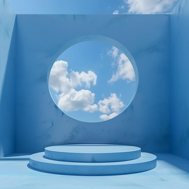 background blue with blue sky inside the window on the blue wall with vacant round podium