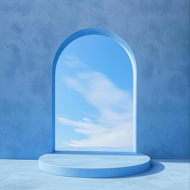 Photo background blue with blue sky inside the window on the blue wall with vacant round podium