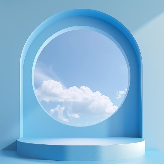 background blue with blue sky inside the window on the blue wall with vacant round podium