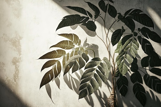 Background blur on a wall from a leaf shadow and light Natural texture of tropical leaves a tree limb and sunlight on a white wall