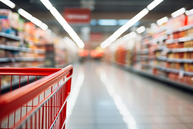 Background of a blurred supermarket aisle featuring an empty red cart