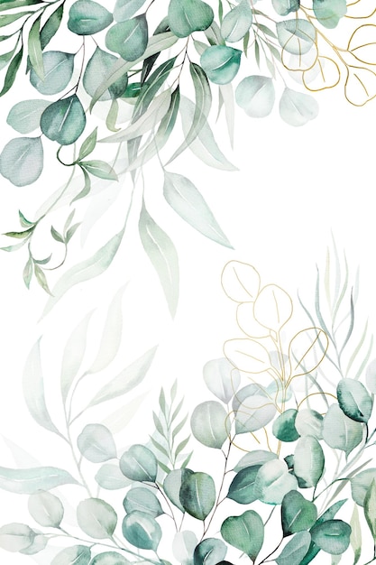 Background borders made of green watercolor eucalyptus leaves wedding illustration