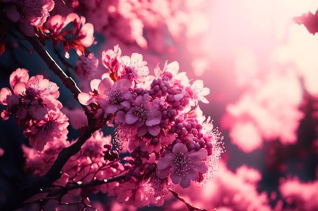 Background branch with sakura blossoms Pink cherry Generative AI