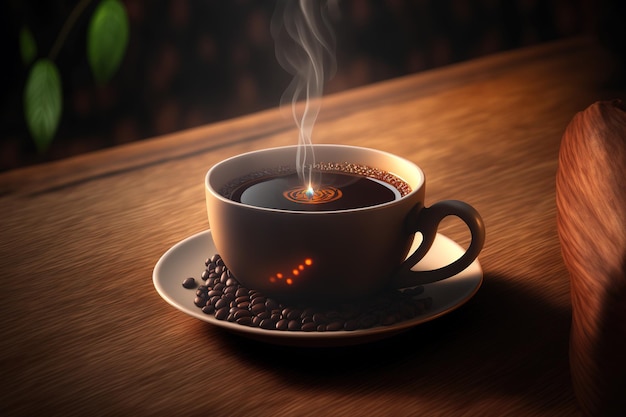 Background of a business with a hot coffee cup and roasted coffee bean on a wooden table