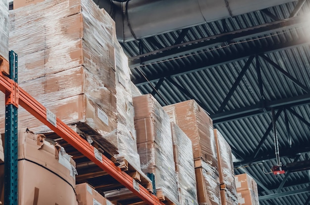 Background cardboard boxes inside the warehouse Logistics center The composition filled