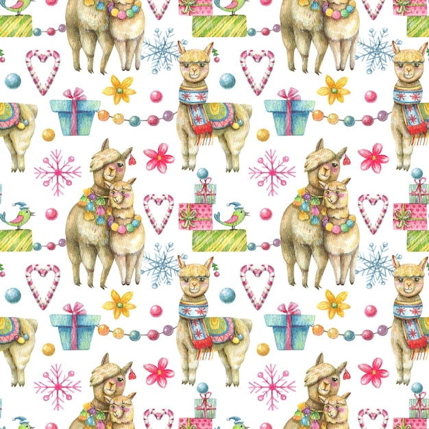 background in cartoon new year style. Cute alpacas, gift boxes, confetti and dressed up cacti.