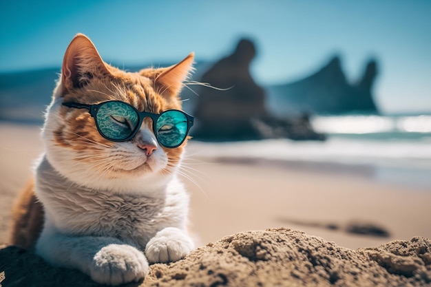 Background of a cat lounging in sunglasses while by the water in a beach Generative Ai