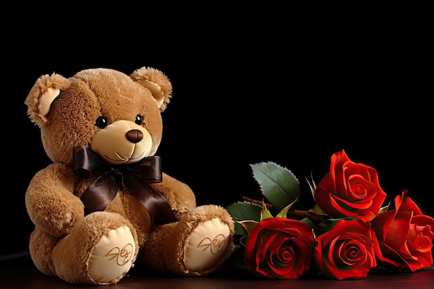 Background closeup decoration of plush textile toy teddy bear and rose flower