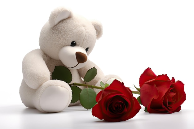 Background closeup decoration of plush textile toy teddy bear and rose flower