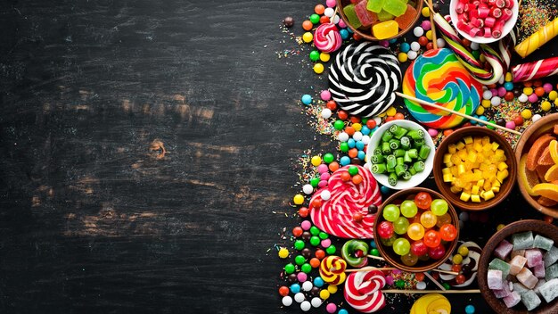 Background of colored candies and lollipops Sweets On a black background Top view free copying space