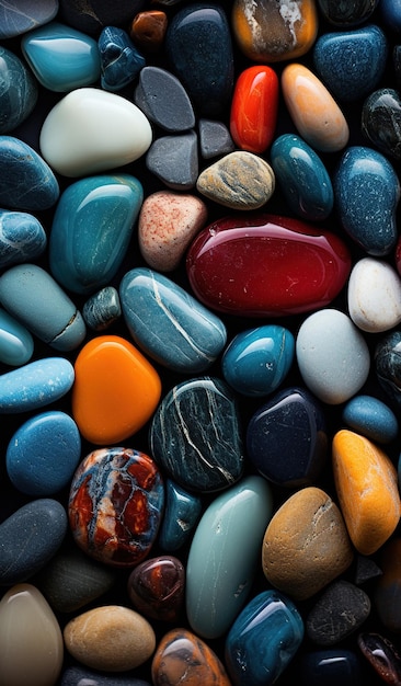 Background of colored stones Texture of sea stones Stone beach Minerals Colorful stone