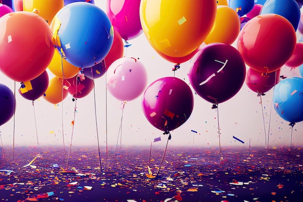 Background of colorful balloons and confetti celebration generative art by AI