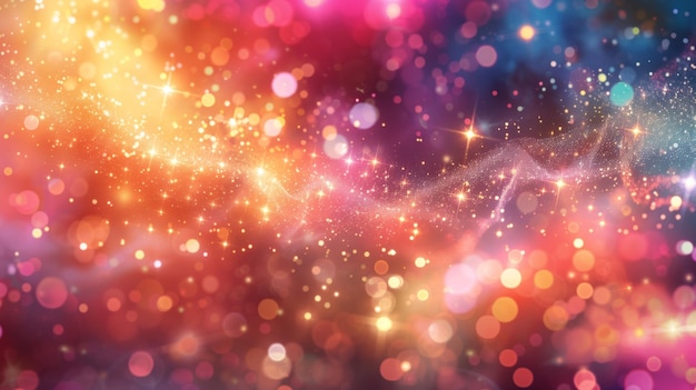 A background of colorful lights and bokeh particles in space