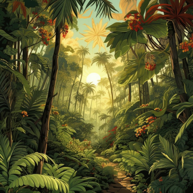 The background consists of green palm trees Illustration Generative AI