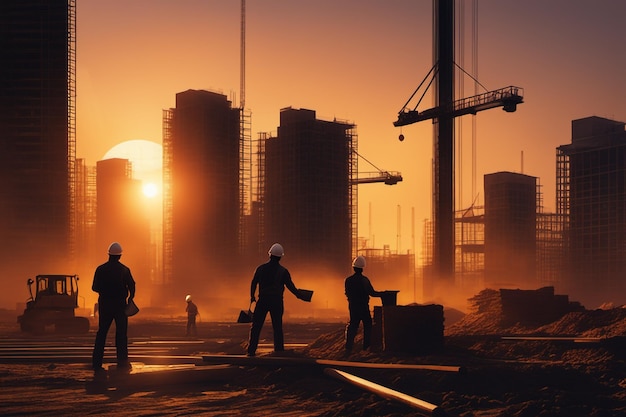 Background of construction workers working at sunset