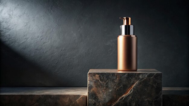 Photo background for cosmetic product branding identity and packaging inspiration cosmetic bottle on dark stone podium with black background