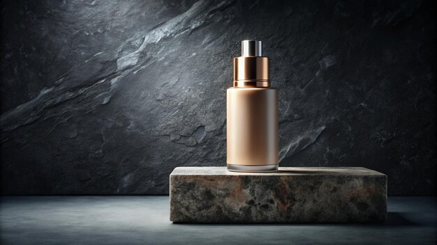 Photo background for cosmetic product branding identity and packaging inspiration cosmetic bottle on dark stone podium with black background