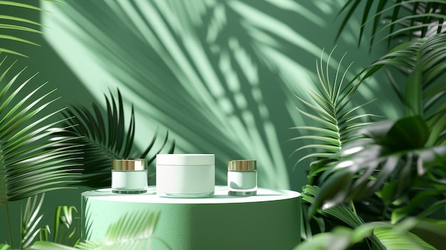 Background for a cosmetic product display with tropical palm leaves in a natural beauty podium 3D rendering